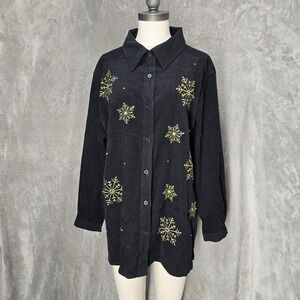 Womens Black Corduroy Button Down Snowflake Embellished Shirt‎ XL/XXL Holiday